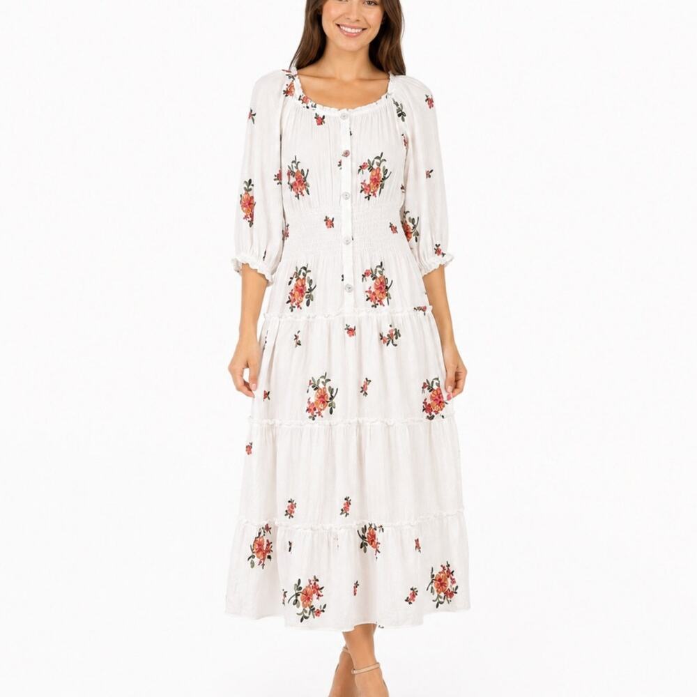 fig and flower White Tiered Midi Dress with Red Floral Print and Green Leaves